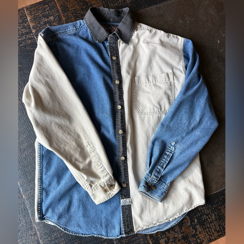Vintage 90s Old College Inn Color Block Denim Tan Button-Up Shirt Size L